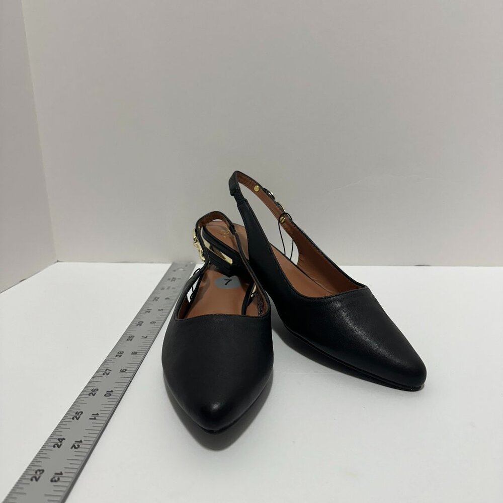 NWT JONES NEW YORK Black & Gold Leather Pointed Sling Back Flat Shoes, Size: 7
